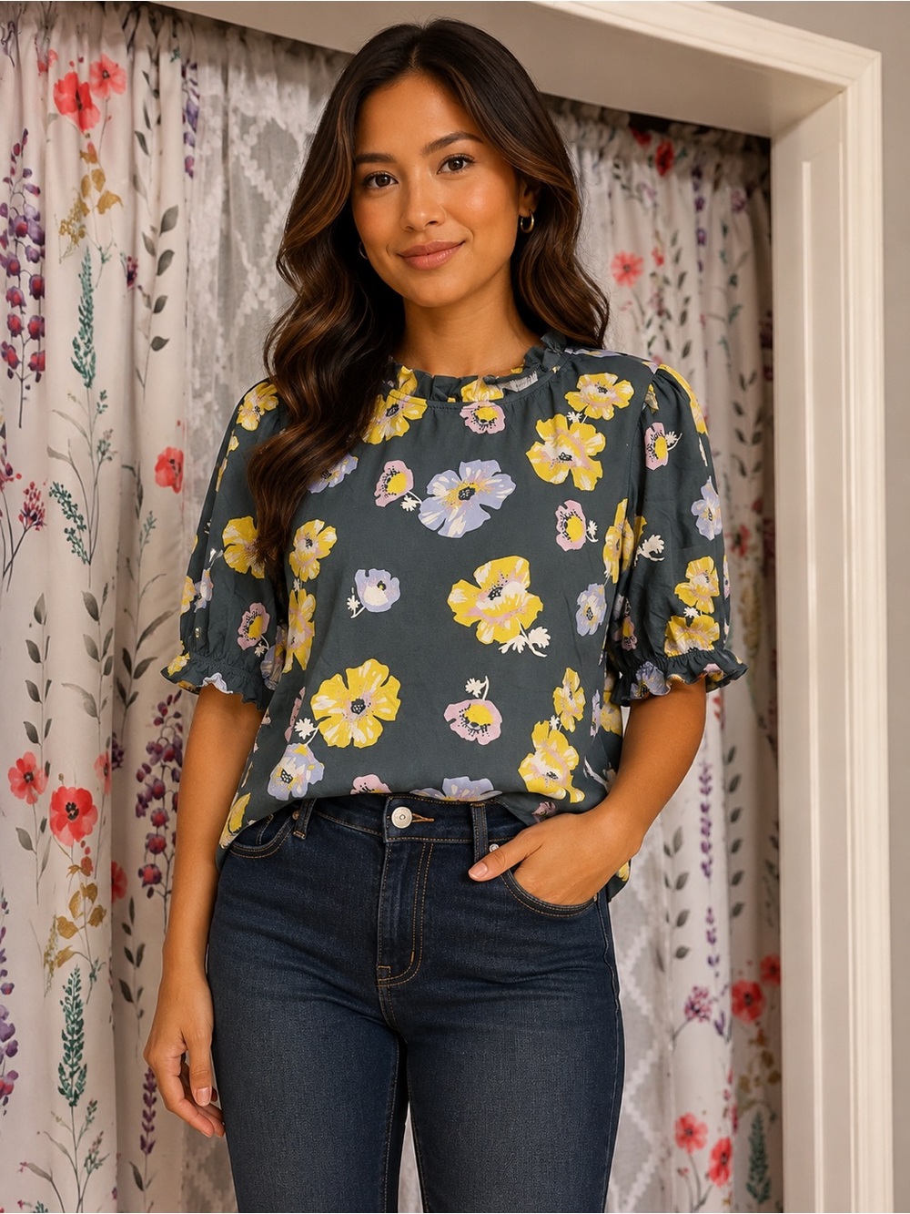 LOFT Charcoal Floral Ruffle Neck Blouse with Yellow & Pink Blooms